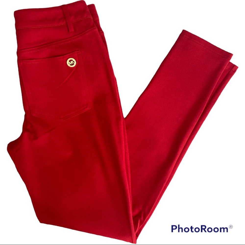 Michael Kors Scarlet Red Stretch Jeggings Size 4 NWT Gold Logo Skinny Pants